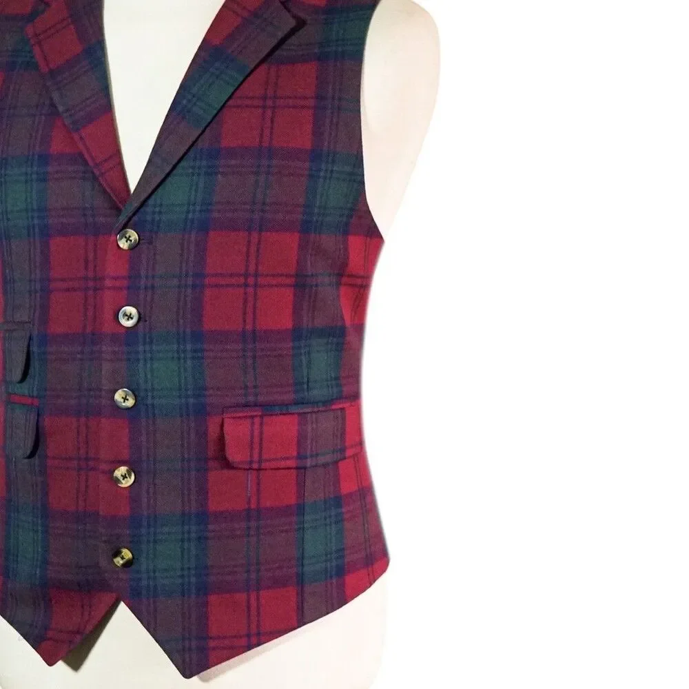 Mens 46R Plaid Wool Waistcoat Red Navy Green Tartan Vest Classic Formal Wedding